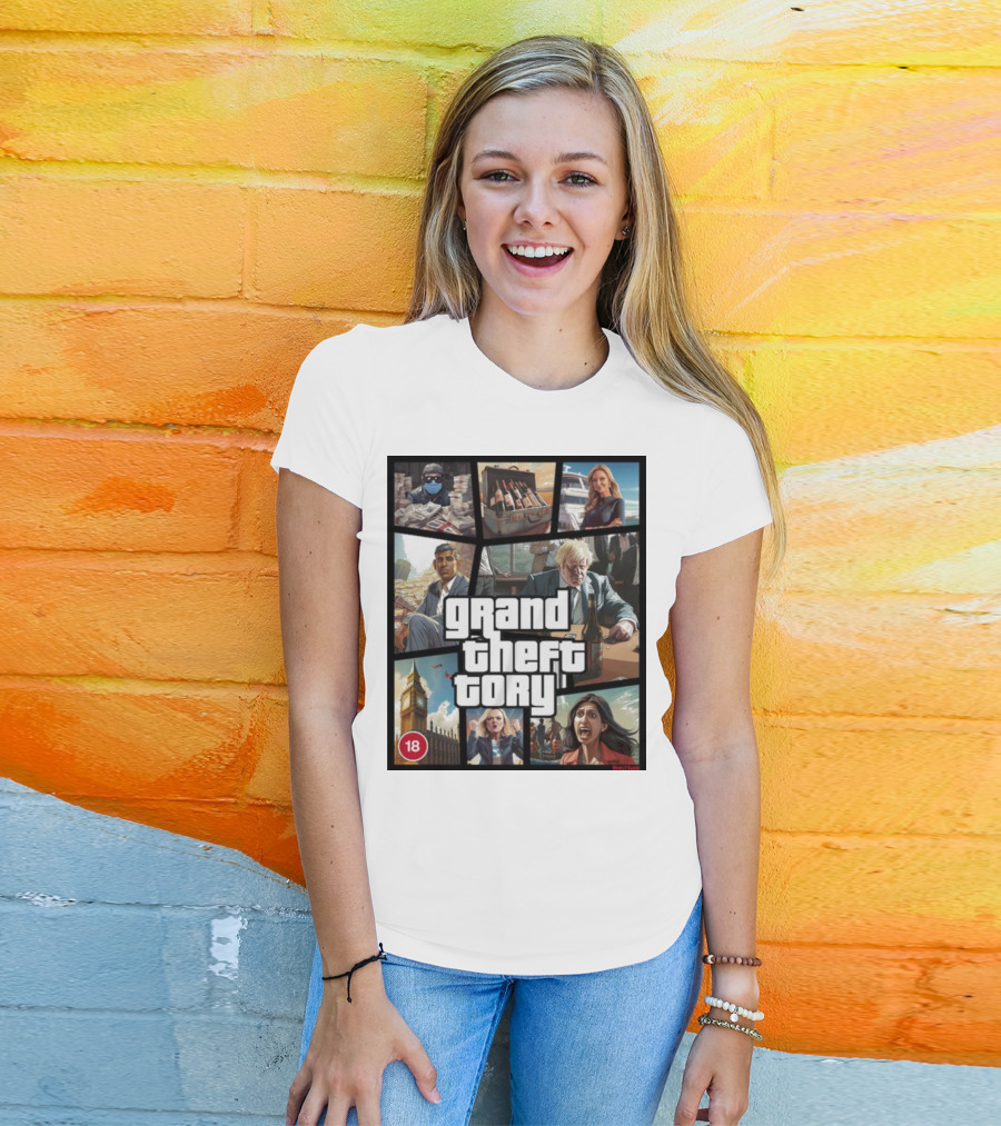Grand Theft Tory GTA Big Ben Crime Drama 18+ Rating T-Shirt