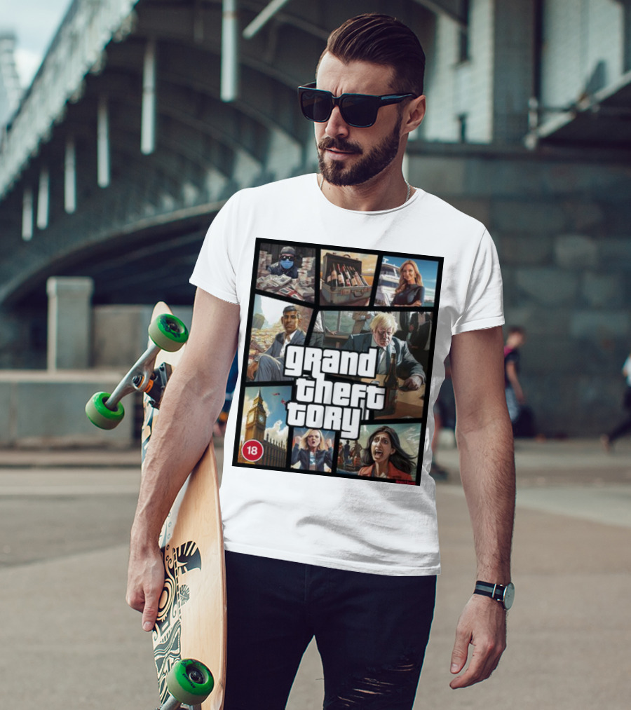 Grand Theft Tory GTA Big Ben Crime Drama 18+ Rating T-Shirt