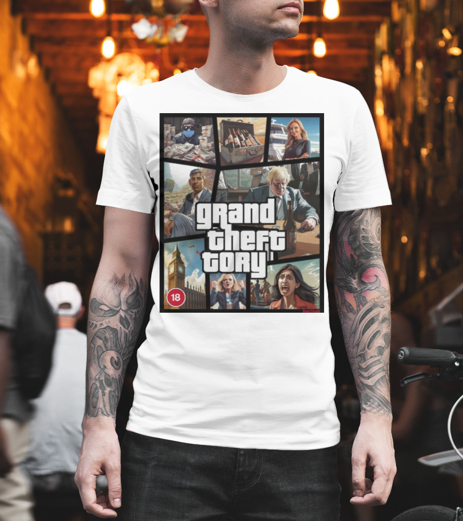 Grand Theft Tory GTA Big Ben Crime Drama 18+ Rating T-Shirt