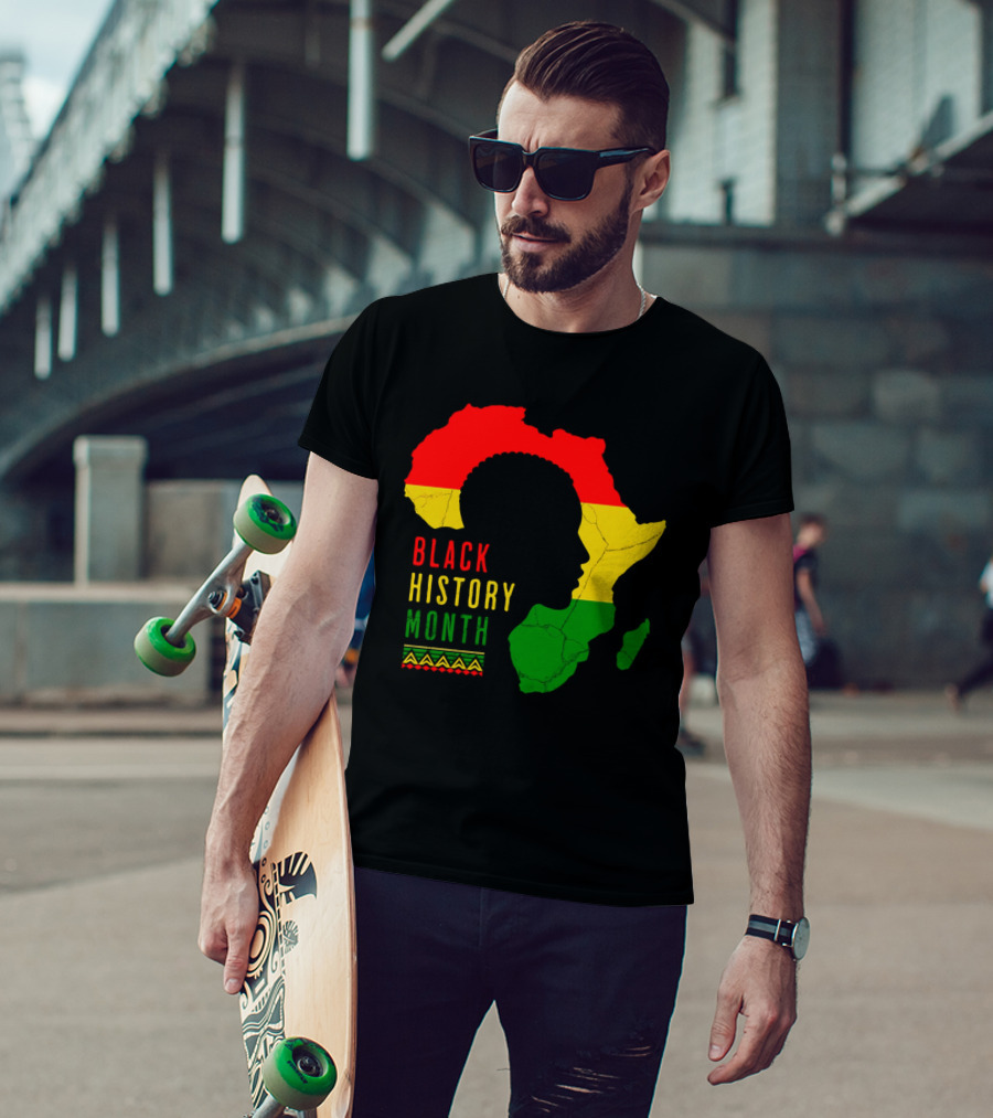 Black History Month African Continent Map With Red Yellow Green Colors And Afro T-Shirt