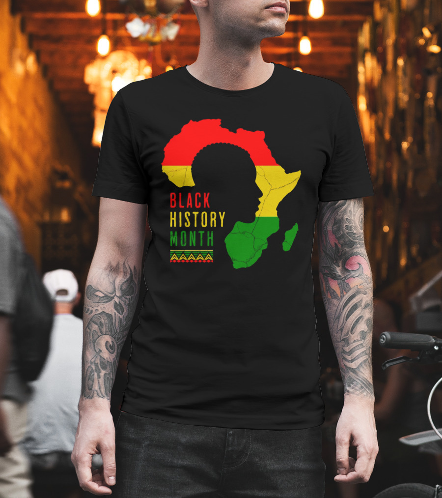 Black History Month African Continent Map With Red Yellow Green Colors And Afro T-Shirt