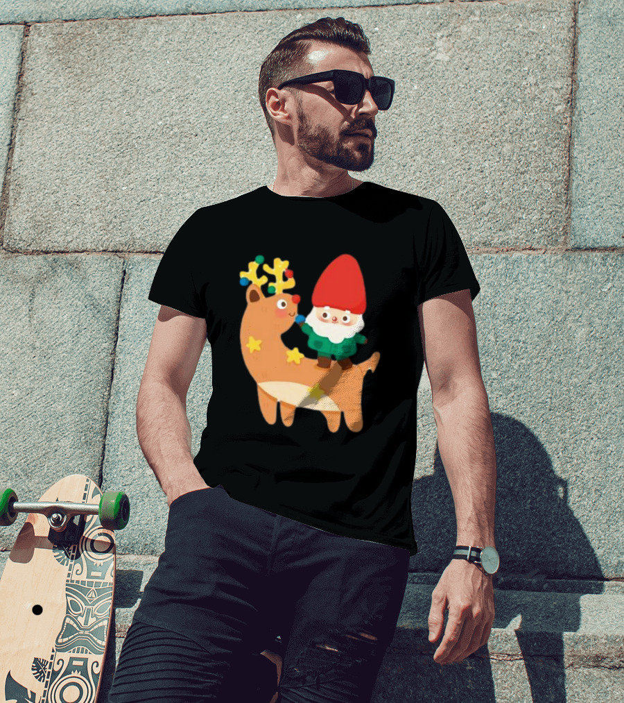 Cute Christmas Reindeer With Santa Riding T-Shirt