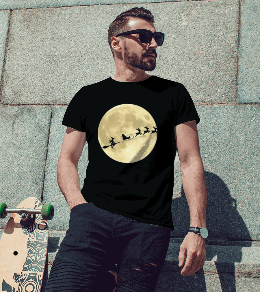 Witch Riding With Santa's Sleigh In Full Moon Christmas Scene T-Shirt