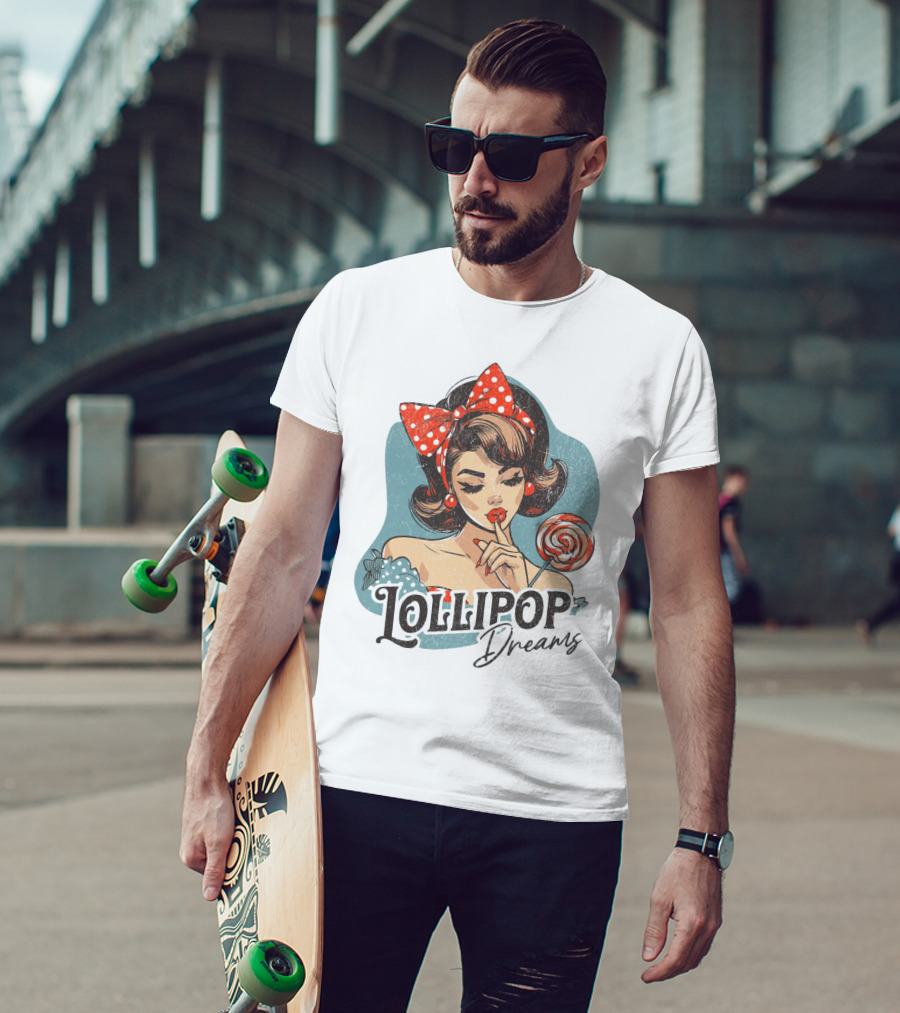 Lollipop Dreams Vintage Style Pinup Woman With Lollipop And Red Bow T-Shirt
