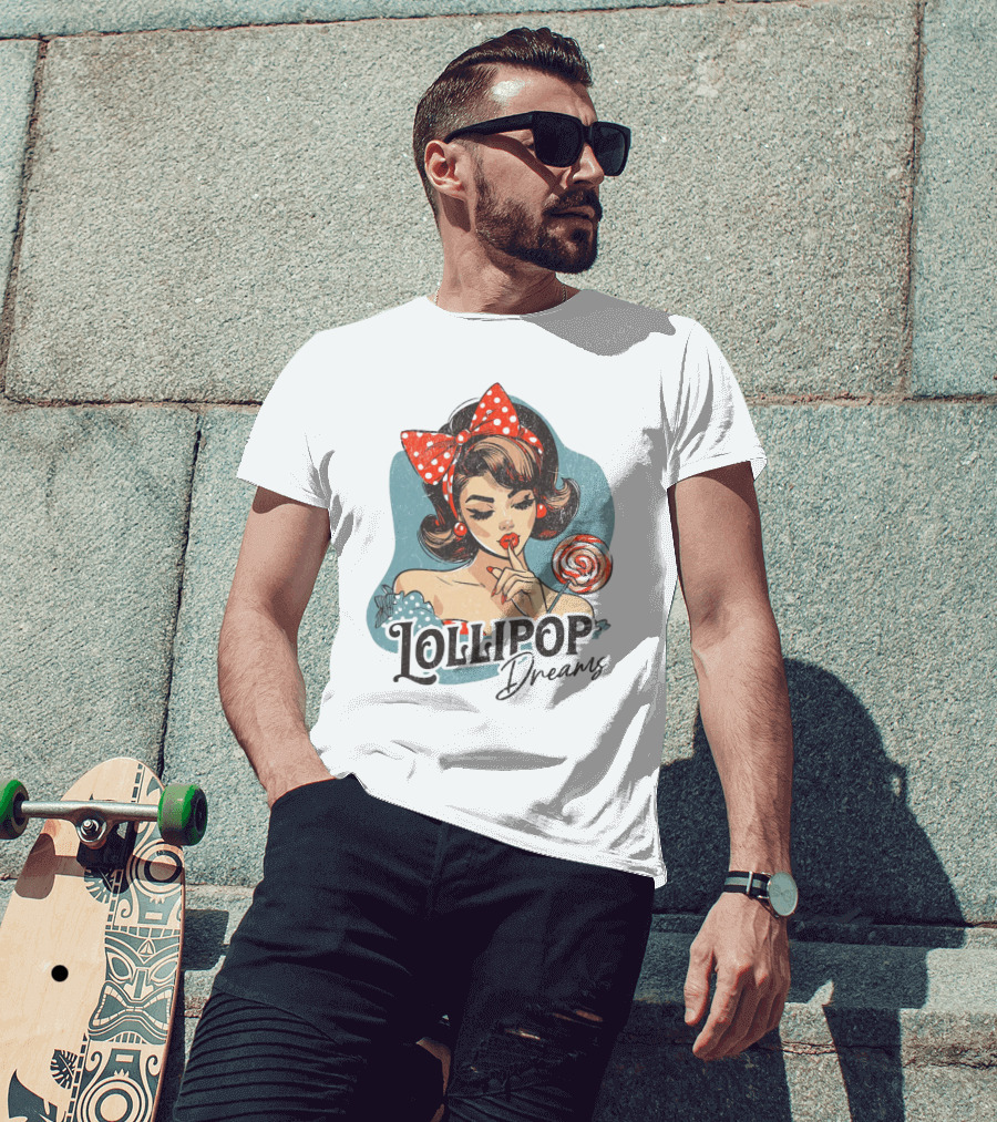 Lollipop Dreams Vintage Style Pinup Woman With Lollipop And Red Bow T-Shirt