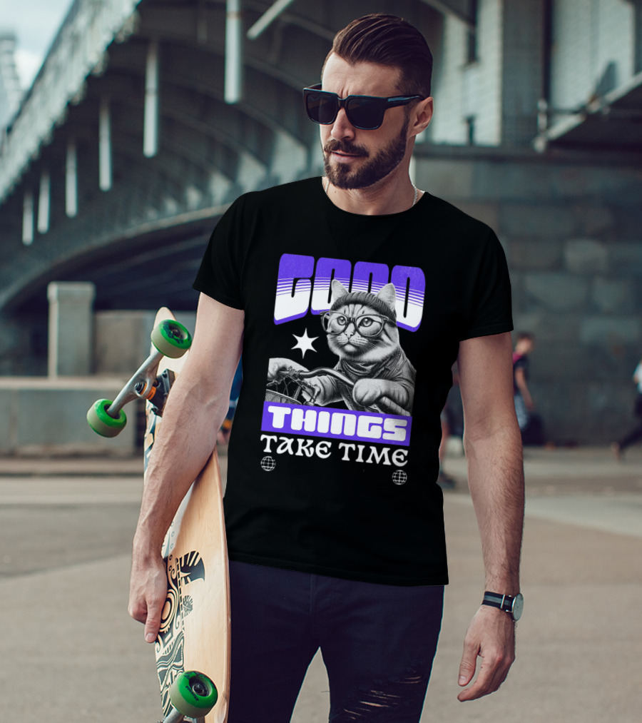 Good Things Take Time Cat In Glasses With Bicycle T-Shirt