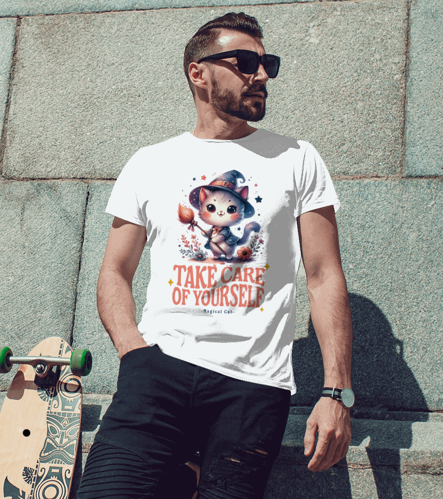 Take Care Of Yourself Magical Cat Wizard Hat Broomstick T-Shirt