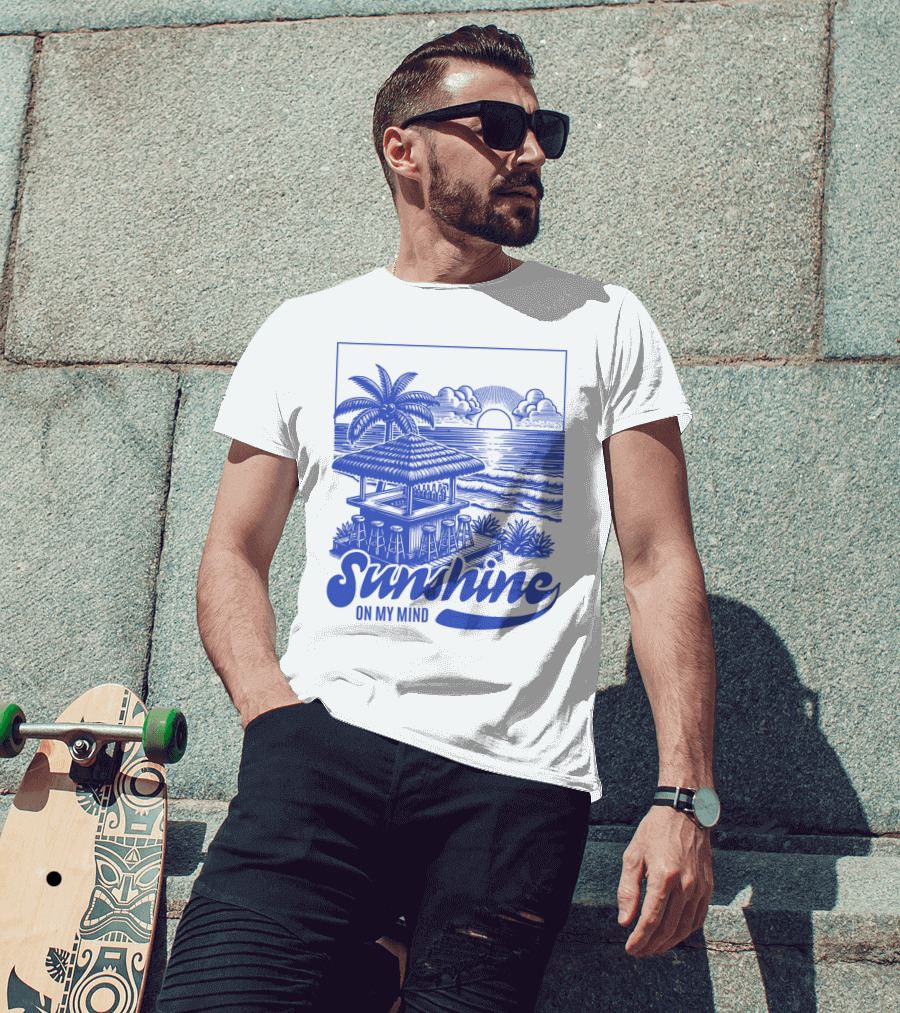 Sunshine On My Mind Vintage Beach Hut And Sunset Scene T-Shirt