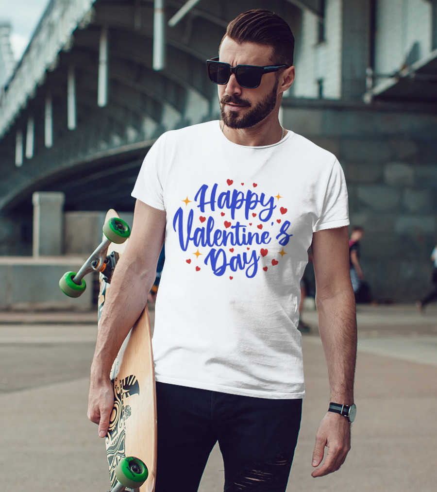 Happy Valentine's Day Blue Script With Hearts And Stars T-Shirt