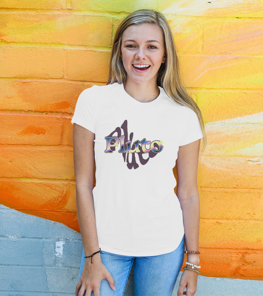 Pluto Colorful Gradient Cosmic Text With Shadow Effect T-Shirt