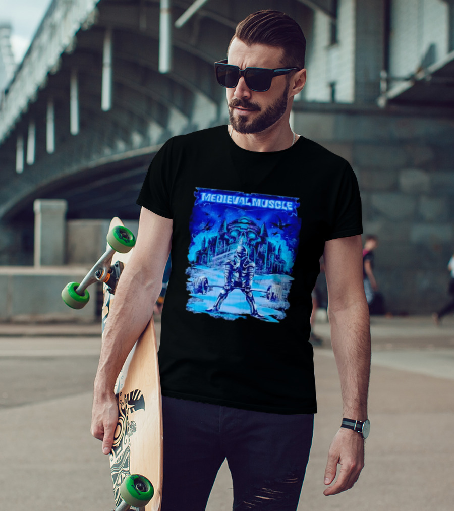 Medieval Muscle Knight Lifting Weights In Gothic Castle Scene T-Shirt