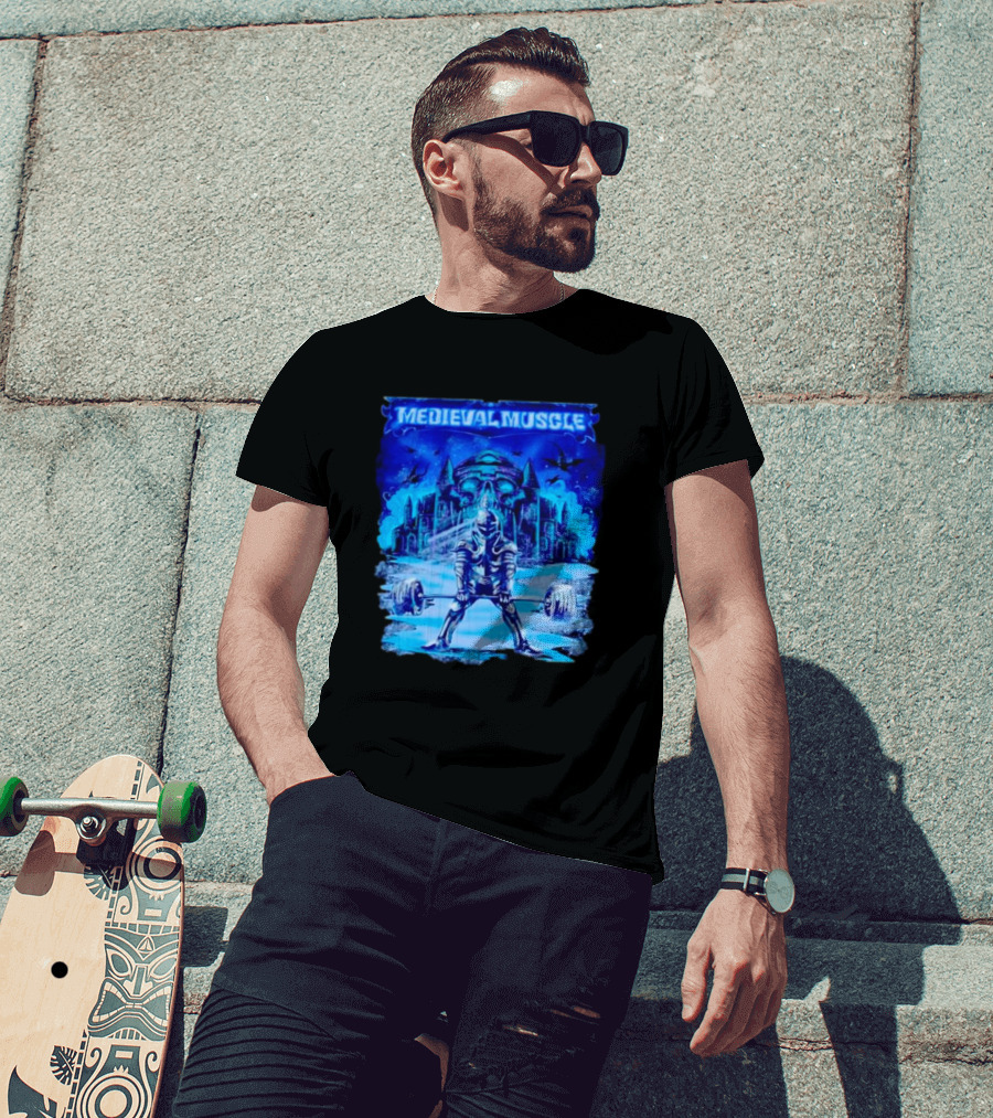 Medieval Muscle Knight Lifting Weights In Gothic Castle Scene T-Shirt
