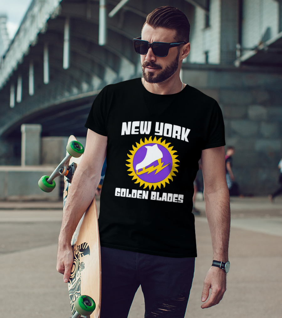 New York Golden Blades Ice Skate Logo With Purple And Gold Sunburst T-Shirt
