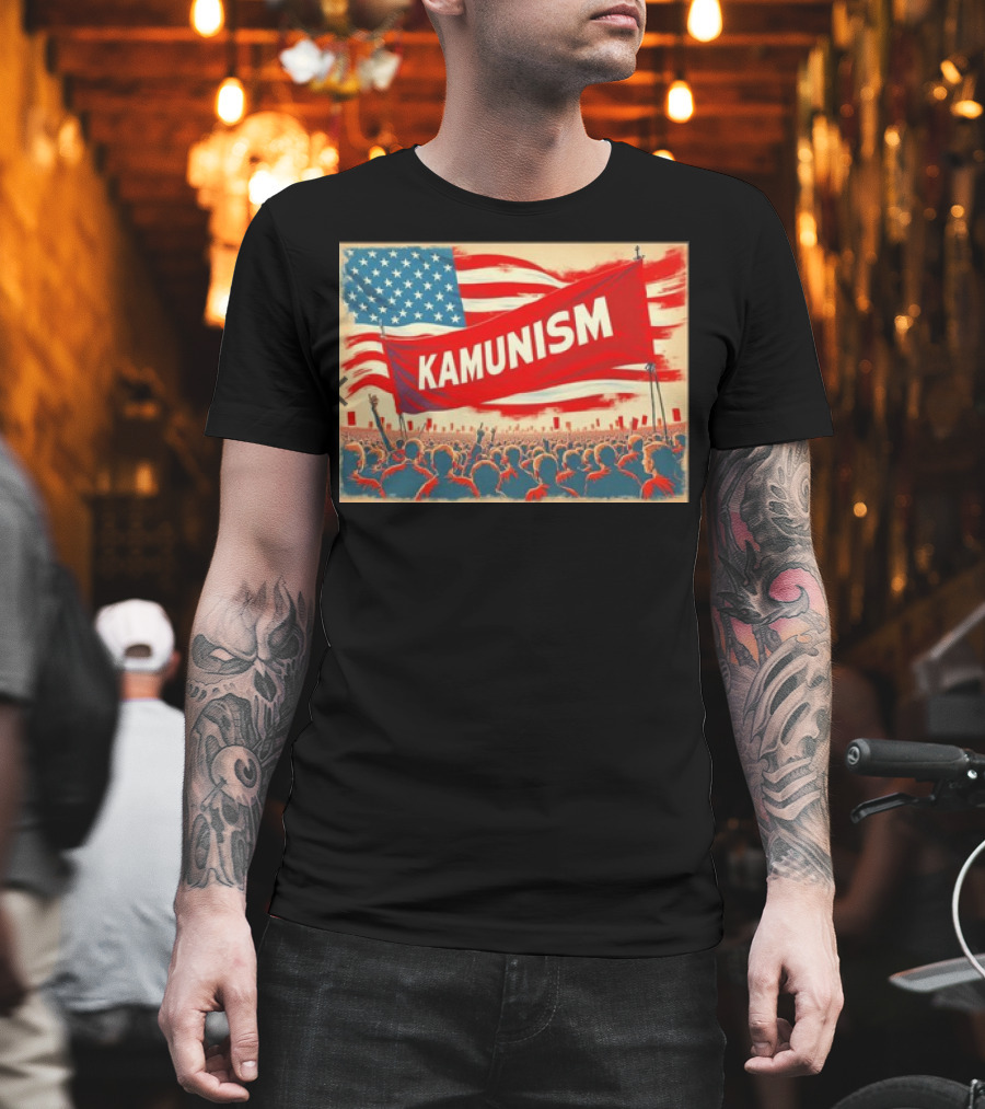 Kamunism Crowd Kamala Harris American Flag Red Banner Retro Propaganda T-Shirt