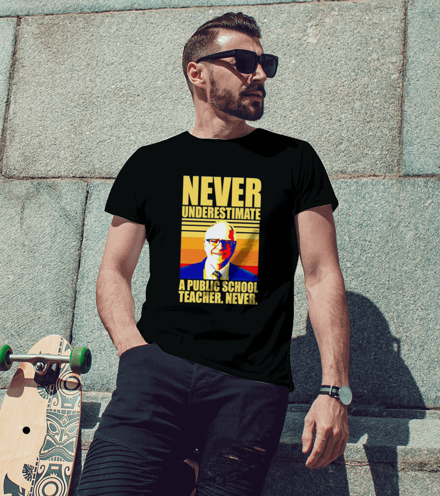Never Underestimate A Public School Teacher Never Tim Walz Vintage Retro Stripes T-Shirt