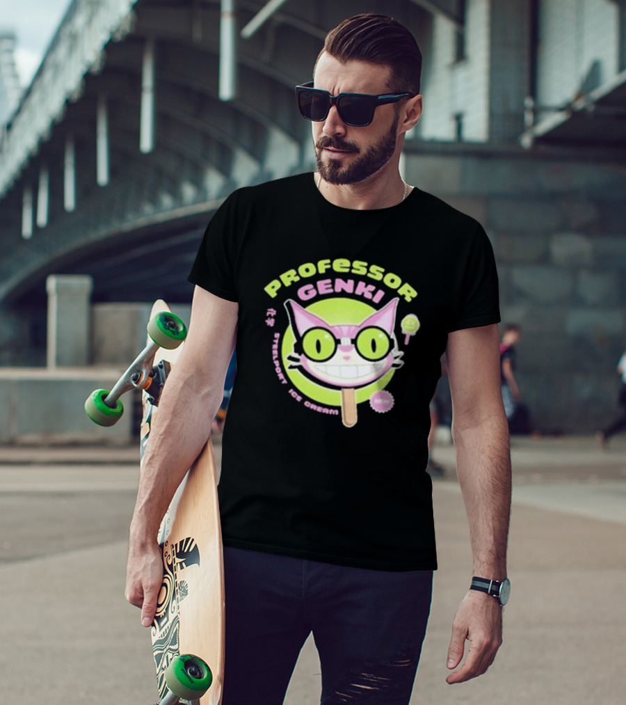 Professor Genki Steelport Ice Cream Cat Neon Green Pink Fun T-Shirt
