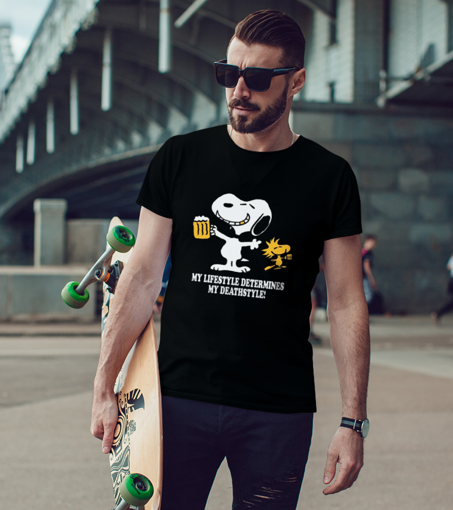Snoopy And Woodstock Holding Beer My Lifestyle Determines My Deathstyle T-Shirt