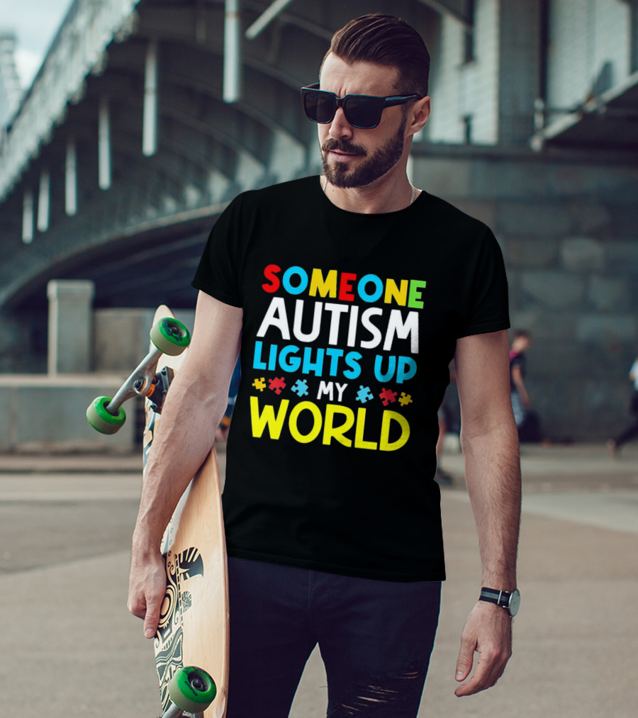 Someone Autism Awareness Lights Up My World Puzzle Pieces T-Shirt