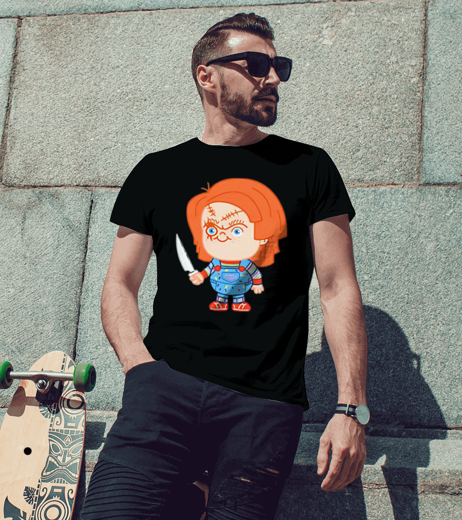 Chucky Evil Doll With Knife In Striped Lovely Overalls T-Shirt