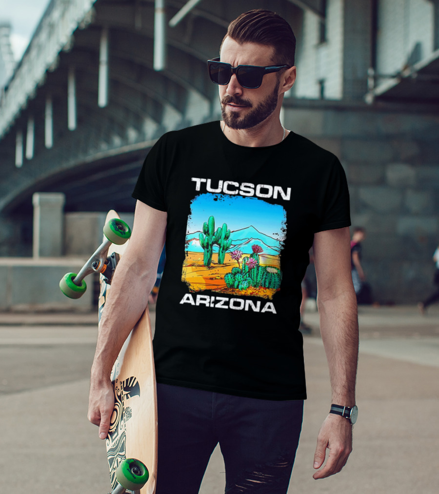 Tucson Arizona Retro Desert Scene With Cactus And Mountains T-Shirt