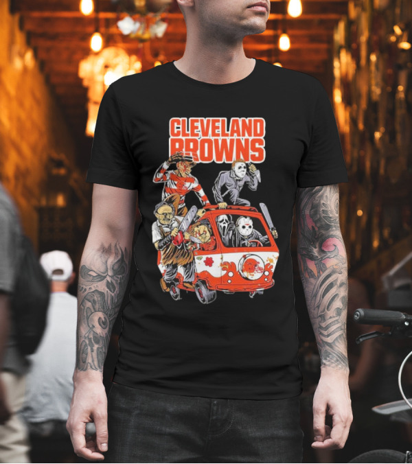 Cleveland Browns NFL Horror Movie Characters Halloween Hippie Van T-Shirt Cleveland Browns NFL Horror Movie Characters Halloween Hippie Van T-Shirt
