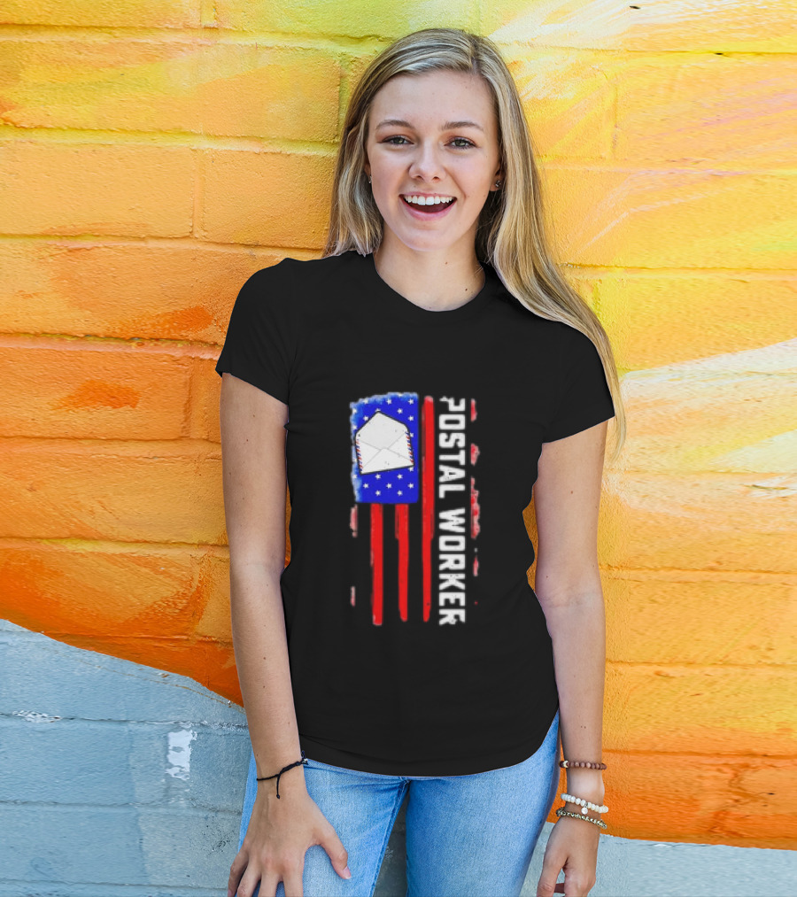 Postal Worker American Flag Envelope Stars Stripes Patriotic Postman Rural Carrier T-Shirt