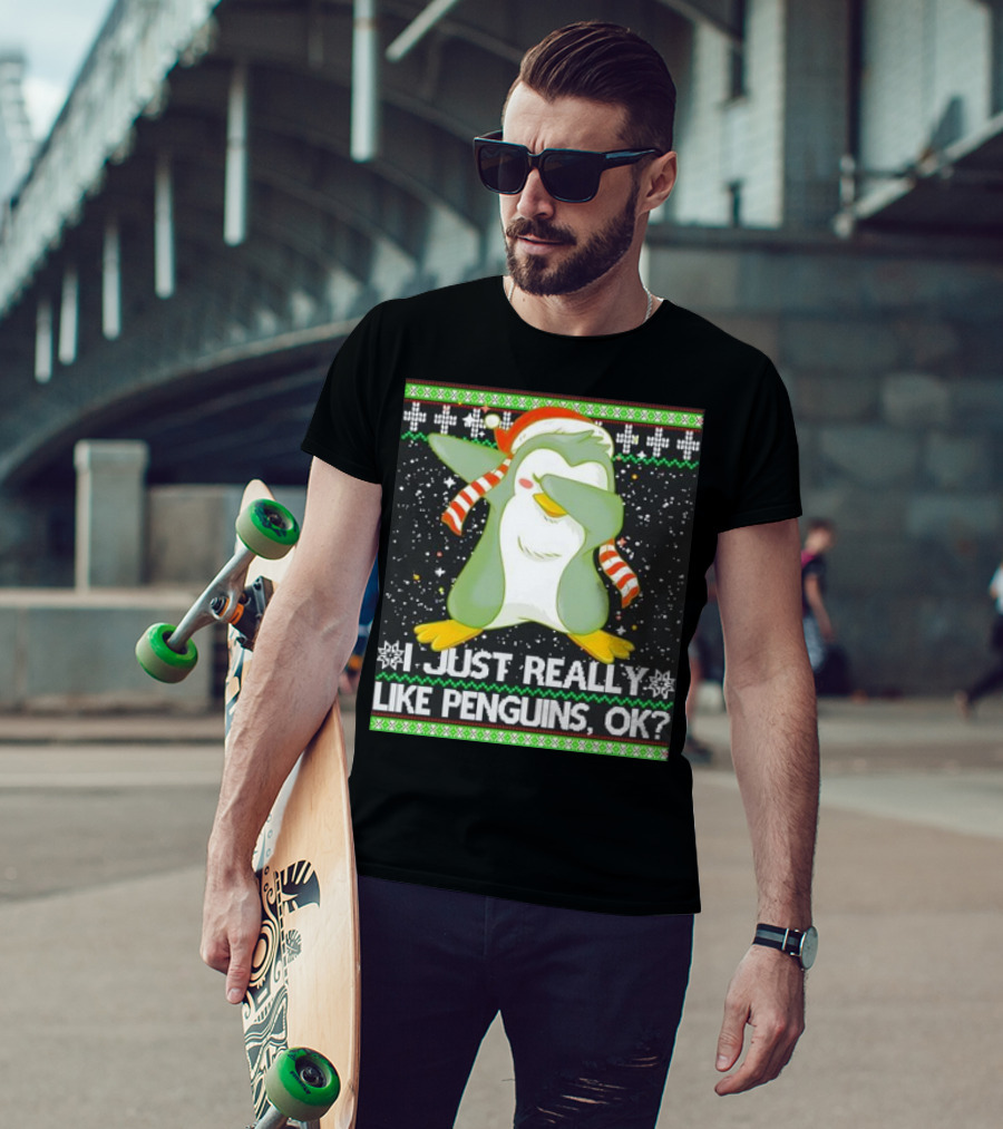 I Just Really Like Penguins Ok Ugly Christmas Cute Dabbing Penguin T-Shirt
