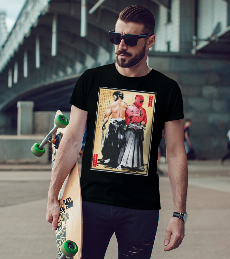 Mutant Samurai And Red Ronin Deadpool Wolverine Woodblock T-Shirt