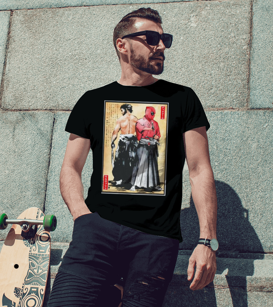 Mutant Samurai And Red Ronin Deadpool Wolverine Woodblock T-Shirt