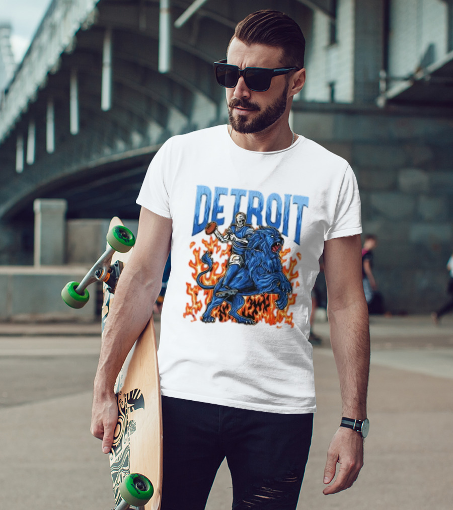Detroit Lions Skeleton Quarterback Riding Flaming Blue Lion T-Shirt