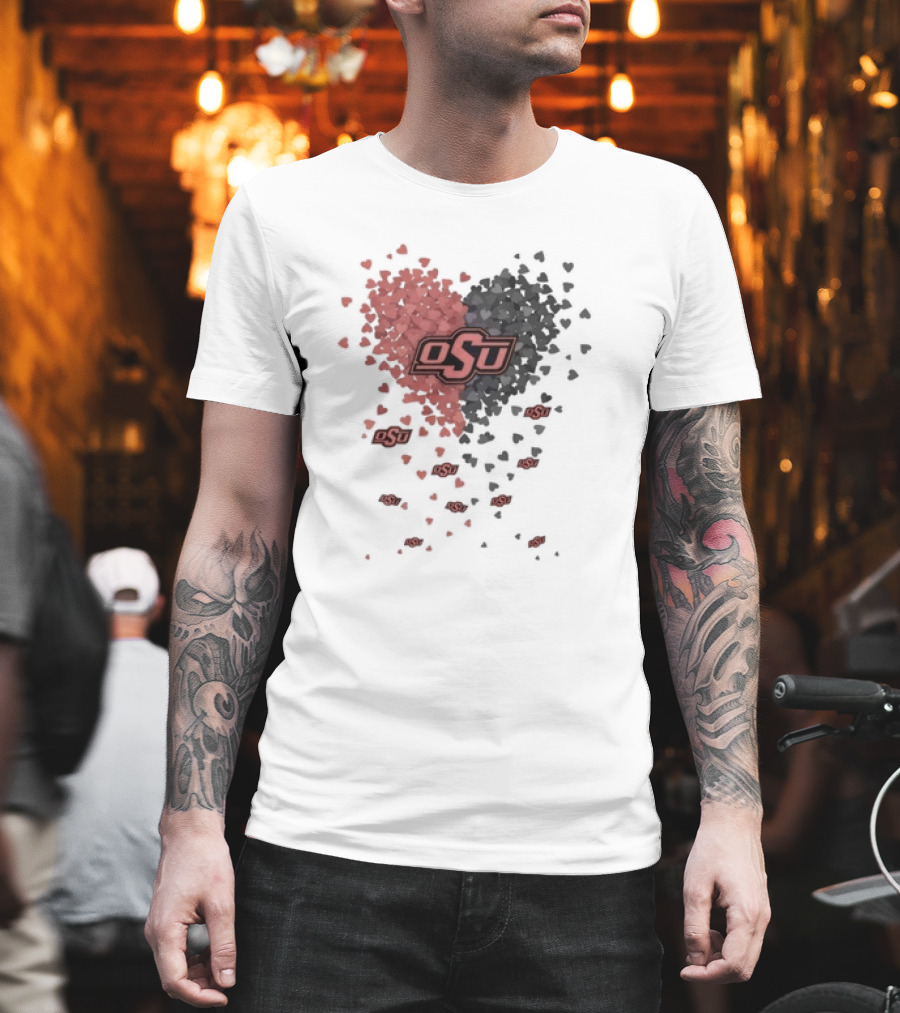 OSU Oklahoma State Cowboys Heart Design Filled with Red and Gray Hearts T-Shirt