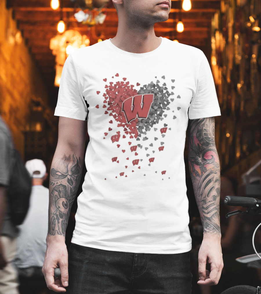 Heart Full of Wisconsin Badgers Logo with Falling Hearts T-Shirt
