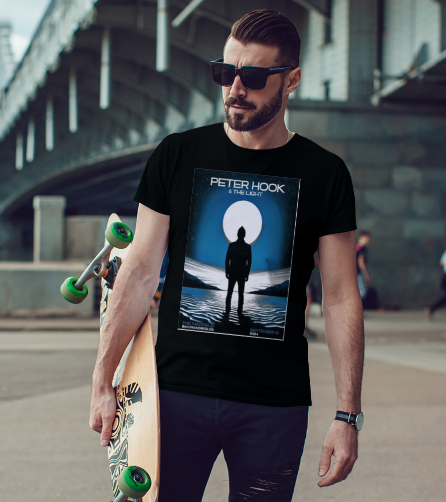 Peter Hook And The Light September 21 2024 The Warfield San Francisco CA Silhouette Against Full Moon And Water Landscape T-Shirt