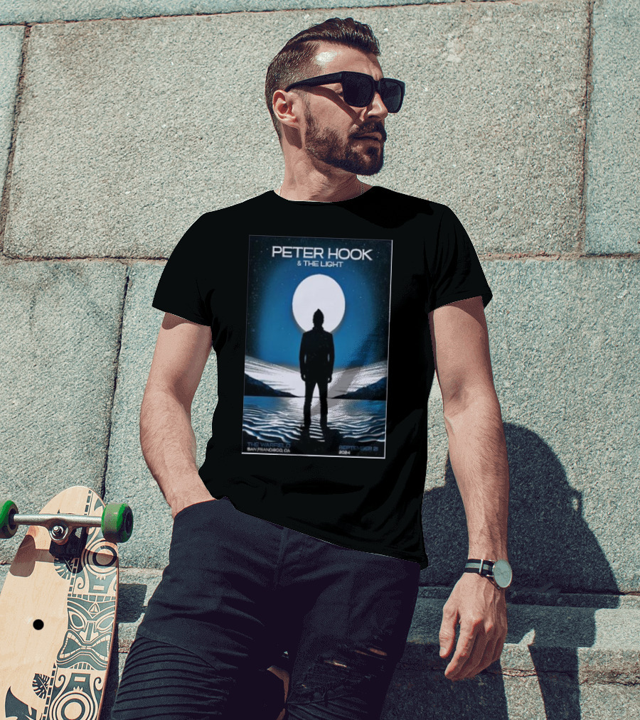 Peter Hook And The Light September 21 2024 The Warfield San Francisco CA Silhouette Against Full Moon And Water Landscape T-Shirt