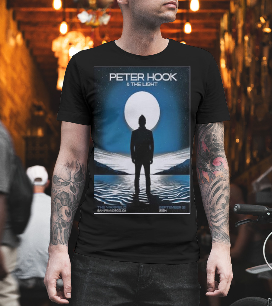 Peter Hook And The Light September 21 2024 The Warfield San Francisco CA Silhouette Against Full Moon And Water Landscape T-Shirt