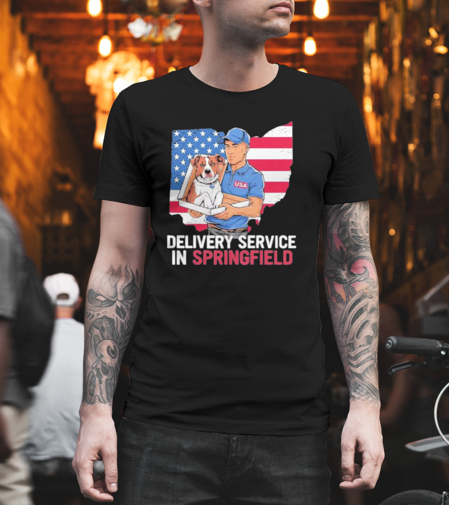 Delivery Service In Springfield USA Dog Parcel Ohio Flag Background T-Shirt