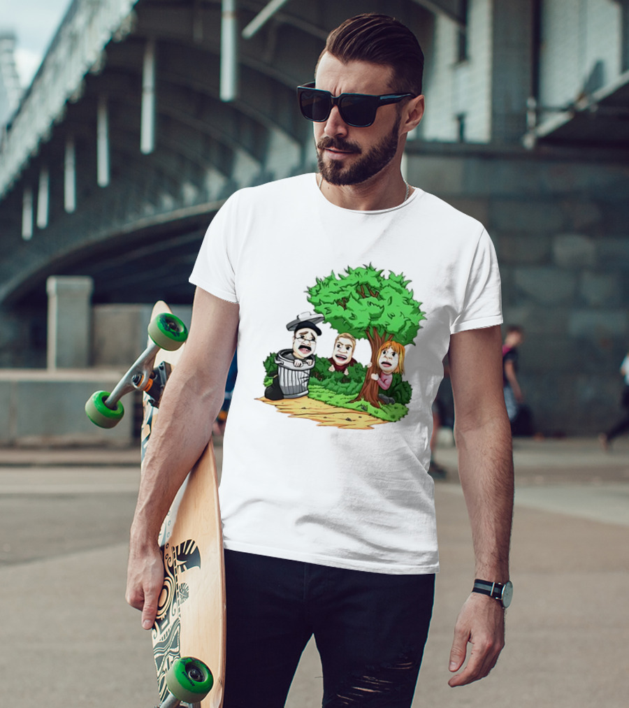 Artem Potokin Little Me Cartoon Characters Hiding Behind Tree And Trash Can T-Shirt