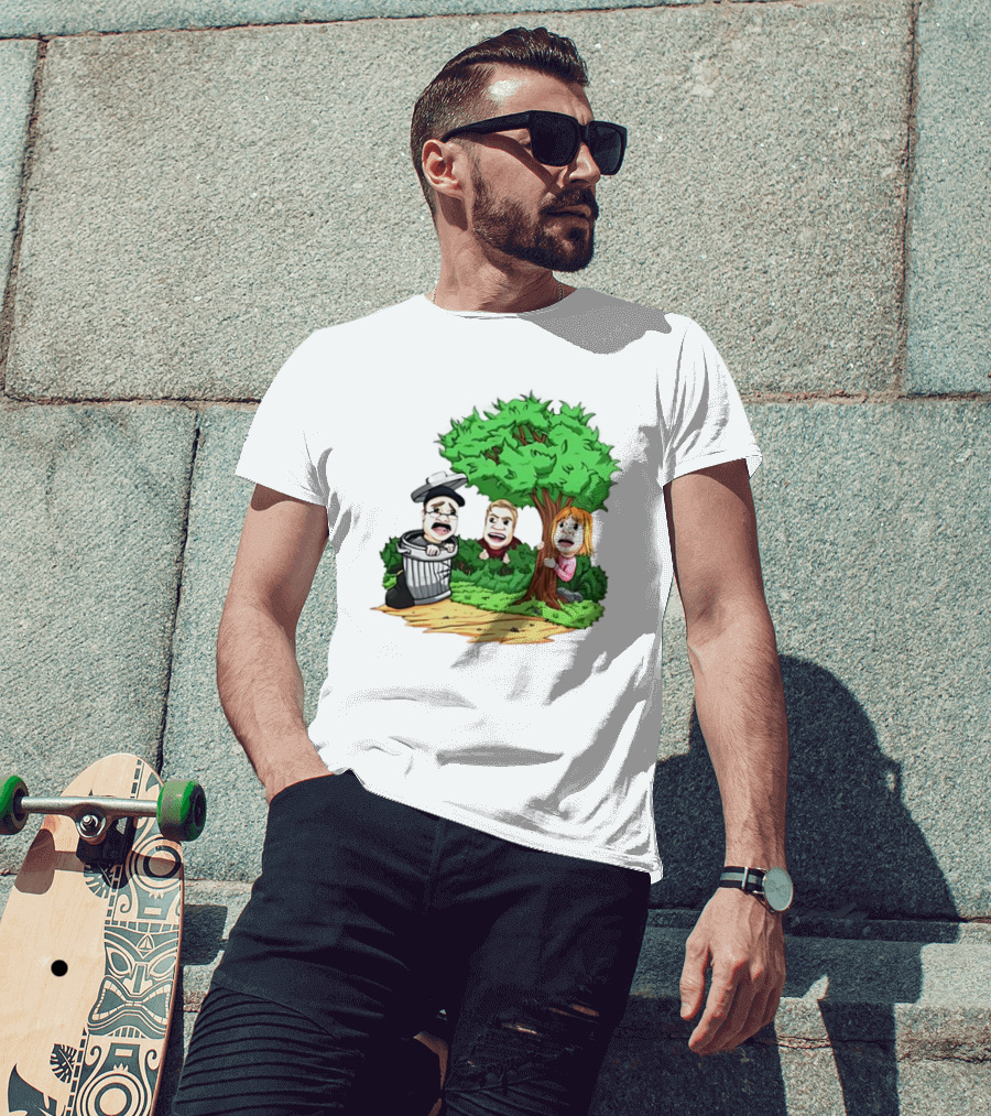 Artem Potokin Little Me Cartoon Characters Hiding Behind Tree And Trash Can T-Shirt