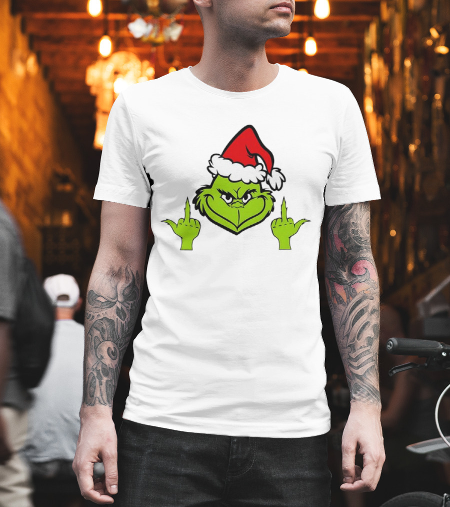 Grinch Middle Finger Funny Grinchmas Santa Claus Iconic Holiday Humor T-Shirt