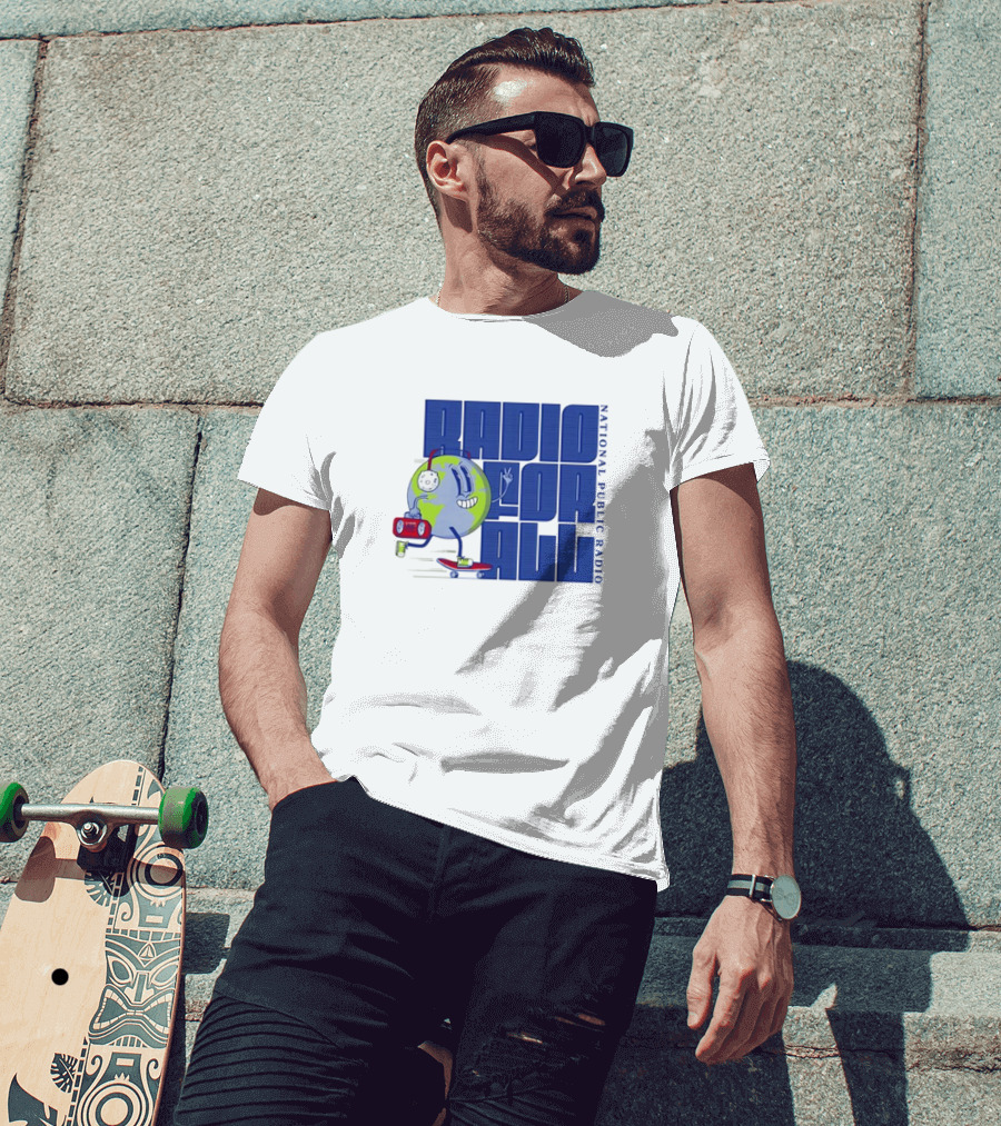 RADIO FOR ALL National Public Radio Cartoon Skateboarding Globe T-Shirt