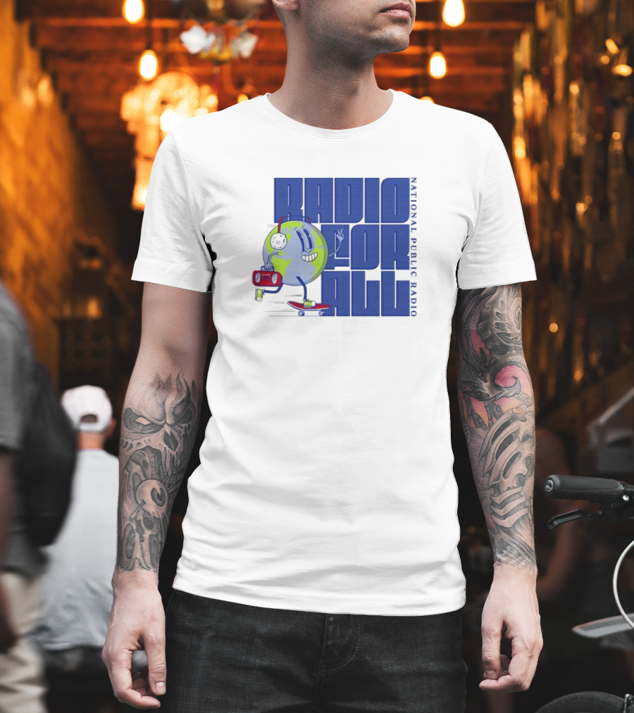RADIO FOR ALL National Public Radio Cartoon Skateboarding Globe T-Shirt
