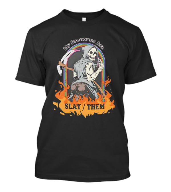 Skeleton My Pronouns Are Slay Them Cartoon Retro Rainbow Flames T-Shirt