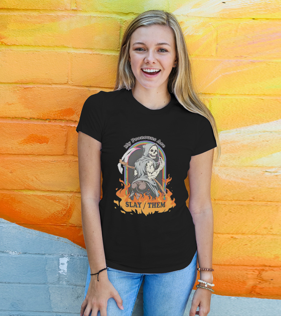 Skeleton My Pronouns Are Slay Them Cartoon Retro Rainbow Flames T-Shirt