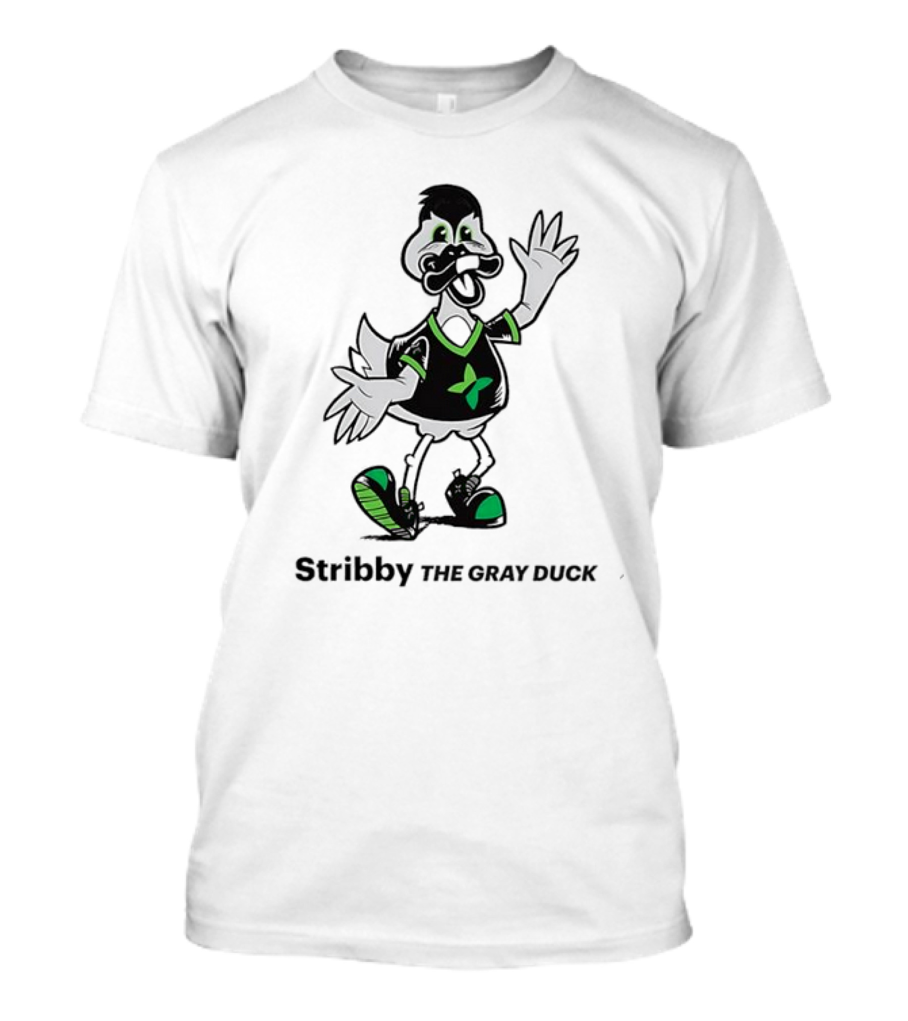 Stribby The Gray Duck Cartoon Mascot With Green And Black T-Shirt