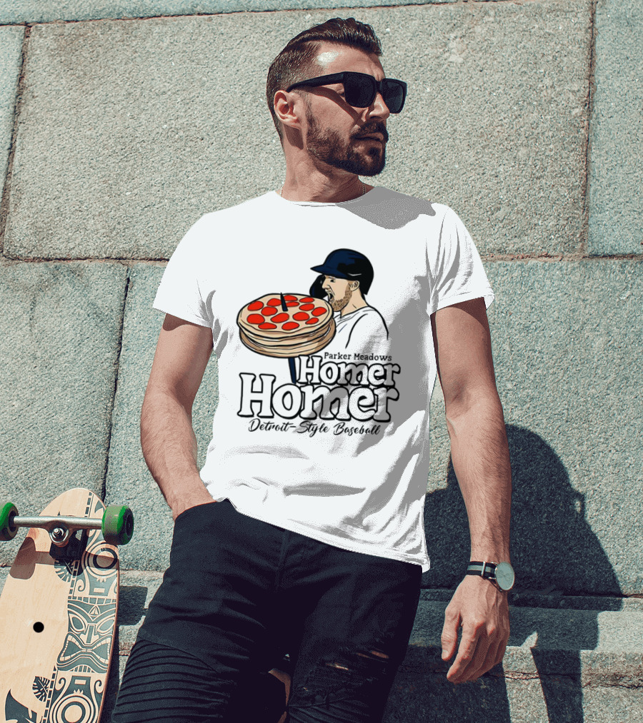 Parker Meadows Homer Homer Detroit-Style Baseball Pizza T-Shirt