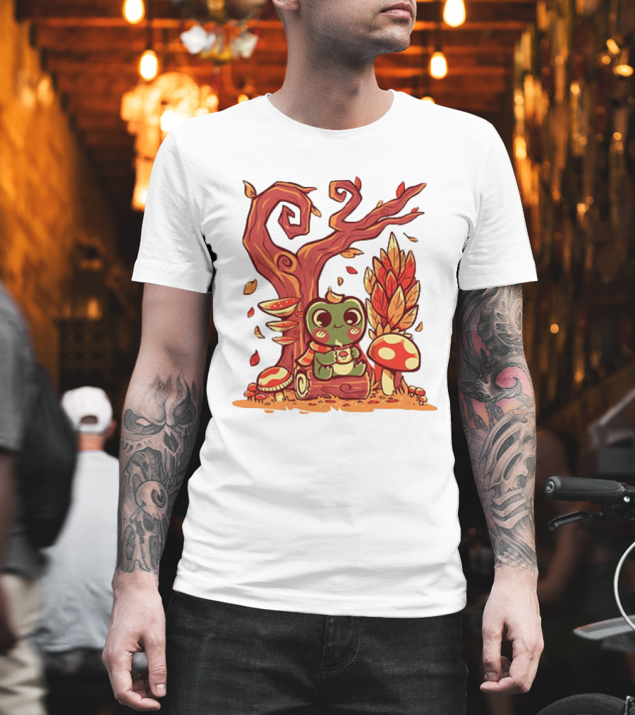 Cozy Autumn Days Cute Frog Enjoying Fall Leaves T-Shirt