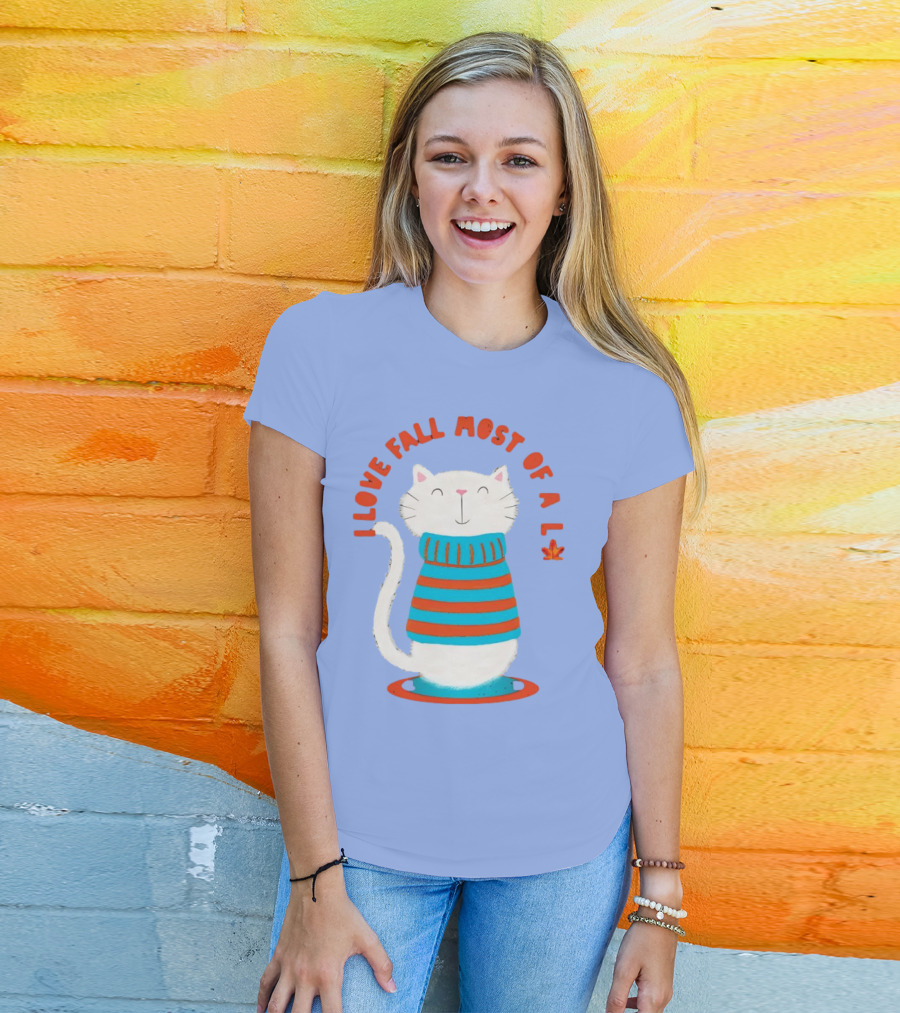 I Love Fall Most Of All Cat In Striped Sweater With Leaf T-Shirt