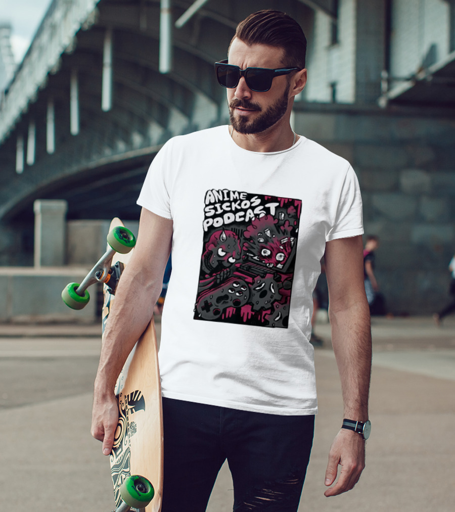 Anime Sickos Podcast Game Controllers Dripping Pink And Black Monster Faces T-Shirt