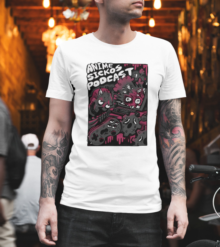 Anime Sickos Podcast Game Controllers Dripping Pink and Black Monster Faces T-Shirt