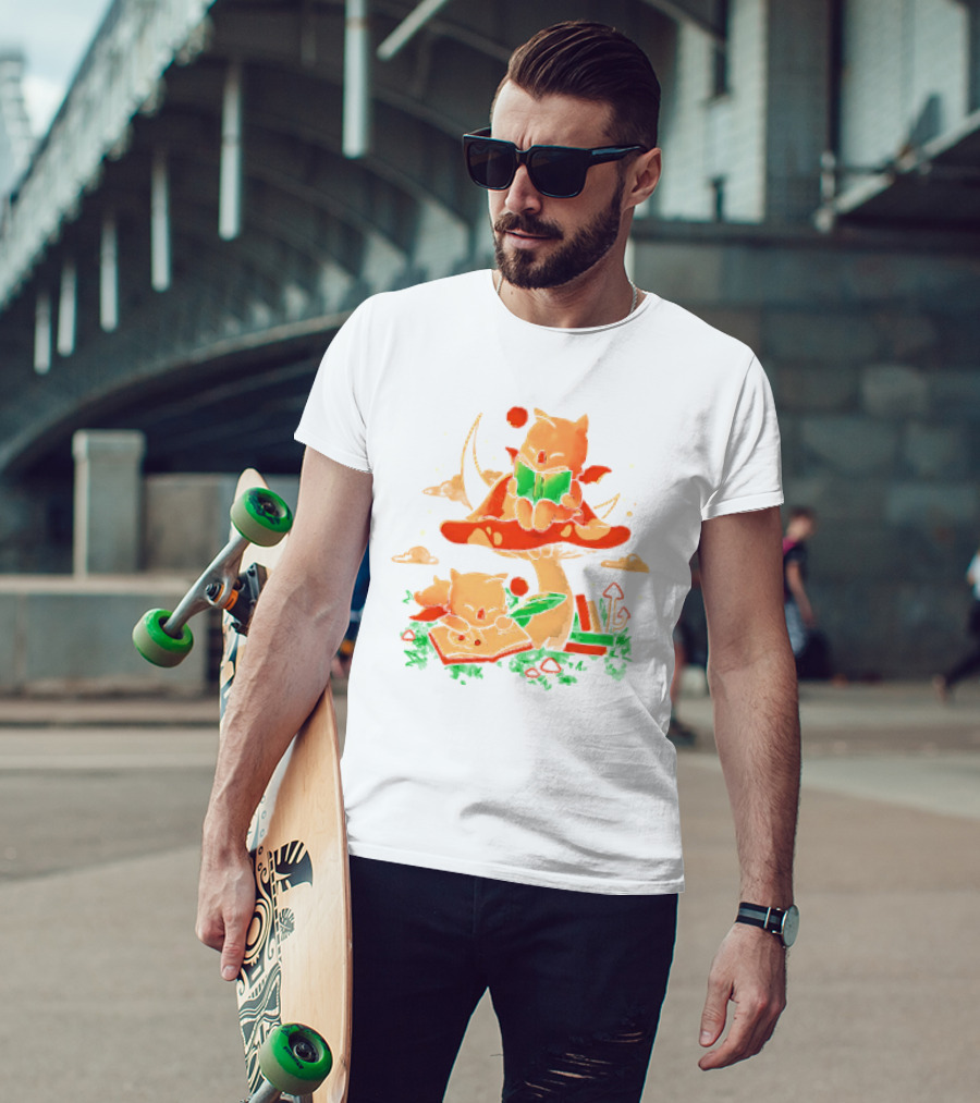 Cat Kupo Moogles Reading On Mushroom With Books T-Shirt